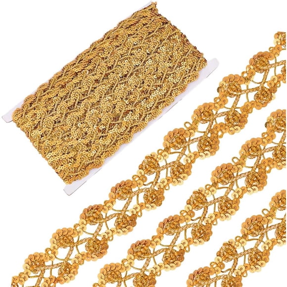 14.22 Yards 1.1 Inch Gold Sequin Ribbon Trim Metallic Gimp Woven Braid Lace Fabric Trimming Glitter Flat Sequins Beaded Strip Bulk for Sewing Making Wedding Costume Crafts Dresses Clothes