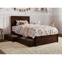 Clayton Twin Wood Platform Bed with Panel Footboard & Storage Drawers in Walnut