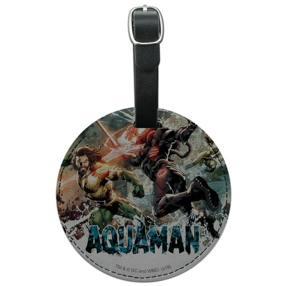 Aquaman Movie Aquaman vs Black Manta Round Leather Luggage Card Suitcase Carry-On ID Tag