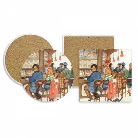 

Miaoji Painting Cat Restaurant Catch Rat Coaster Cup Mug Holder Absorbent Stone Cork Base Set