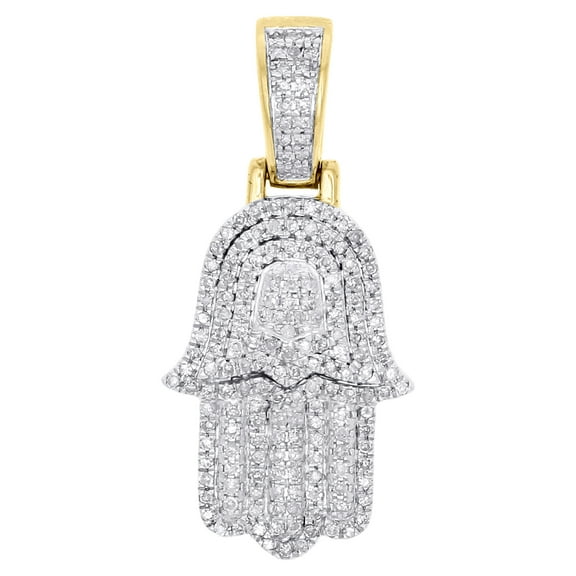 10K Yellow Gold Real Diamond Ancient Hamsa Hand Pendant 1.25" Pave Charm 1/2 CT.