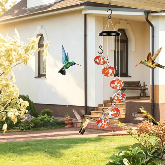 Wind Chime Style Multi Globe Hummingbird Feeder 6 Hand Blown Glass honeydew Feeders for Outdoor Backyard Garden Patio Decor