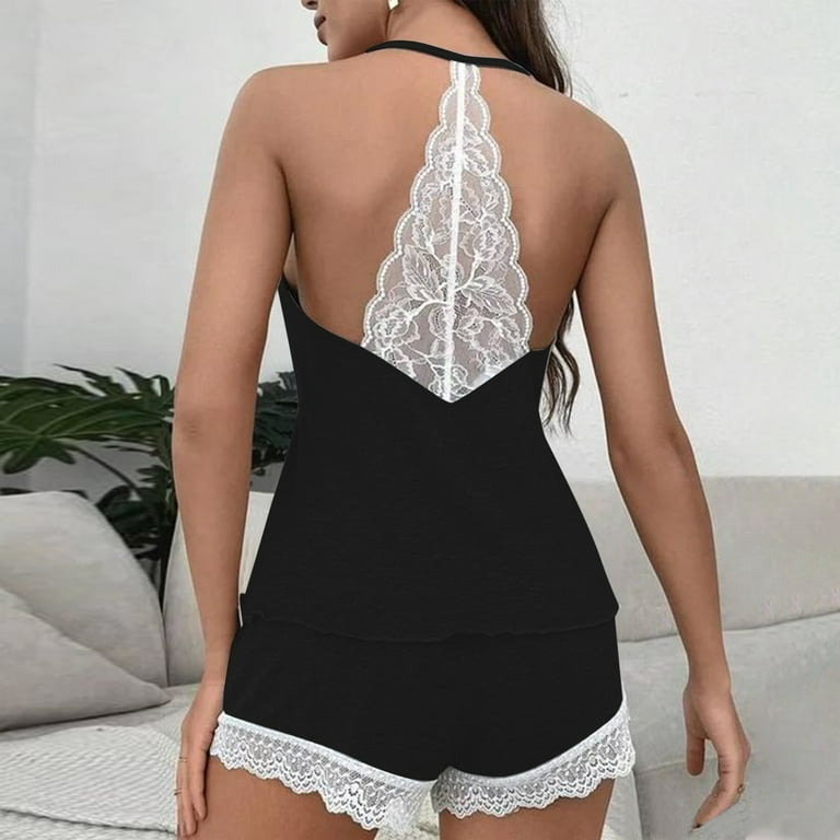 JIANJIA Womens Pajama Sets Solid Color Lace V Neck Spaghetti JIANJIA Womens Pajama Sets Solid Color Lace V Neck Spaghetti