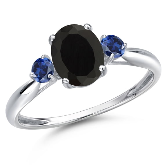 Gem Stone King 10K White Gold Black Onyx and Blue Created Sapphire 3-Stone Ring for Women | 1.88 Cttw | Oval 8X6MM | Gemstone December Birthstone | Size 7