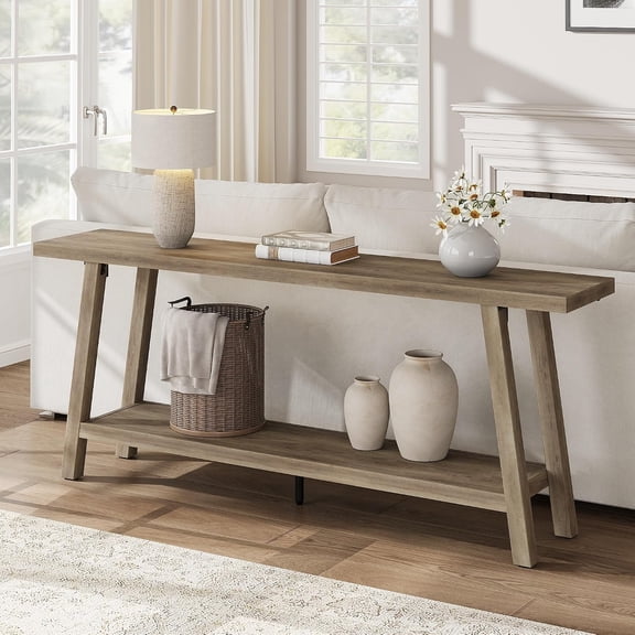 71" Farmhouse Console Table with 2-Tier Storage Shelf, Extra Long Narrow Sofa Table for Entryway, Hallway,Heavy Duty Accent Table Behind Couch, Supports Up to 350 lbs,Pear wood