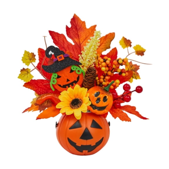 Tachiuwa Artificial Pumpkin Halloween Decoration Vegetable Fall Maple Leaves Bacca Flowers Foam Pumpkin for Home Mantel Dinner Porch with Witch Hat
