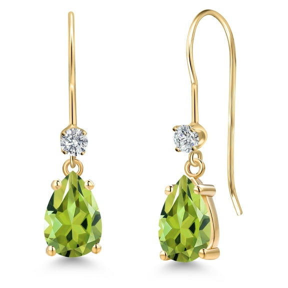 Gem Stone King 14K Yellow Gold Green Peridot and Lab Grown Diamond Earrings for Women | 1.96 Cttw | Gemstone August Birthstone | Pear Shape 8X5MM