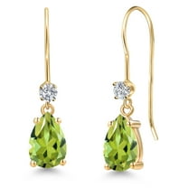 Gem Stone King 14K Yellow Gold Green Peridot and Lab Grown Diamond Earrings for Women | 1.96 Cttw | Gemstone August Birthstone | Pear Shape 8X5MM