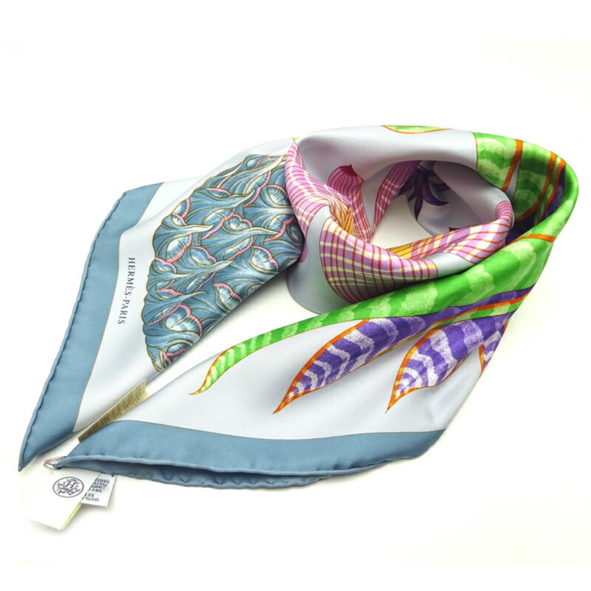 Authenticated Used Hermes Carré 90 Bromeliae Inventory Index Bromeliaceae  2022 Collection Women's Scarf 003801S 03 100% Silk Blue Ciel / Violet Green