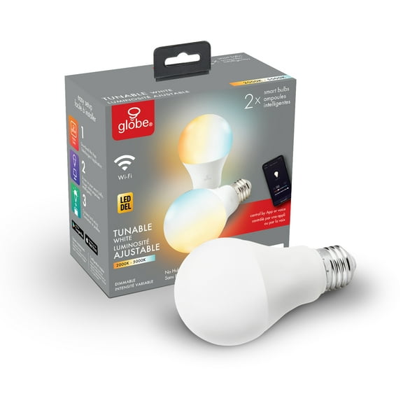 Globe Electric Wi-Fi Smart 60W Equivalent Tunable White Frosted LED Light Bulb, No Hub Required, Voice Activated, A19, E26 Base (2-Pack), 34208