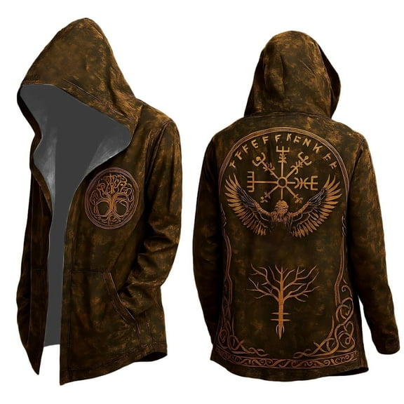 Men's Cardigan Norse Mythology Hooded Jacket Long Sleeve Casual Loose Fit Streetwear Coat for Daily Wear in Spring Autumn Winter