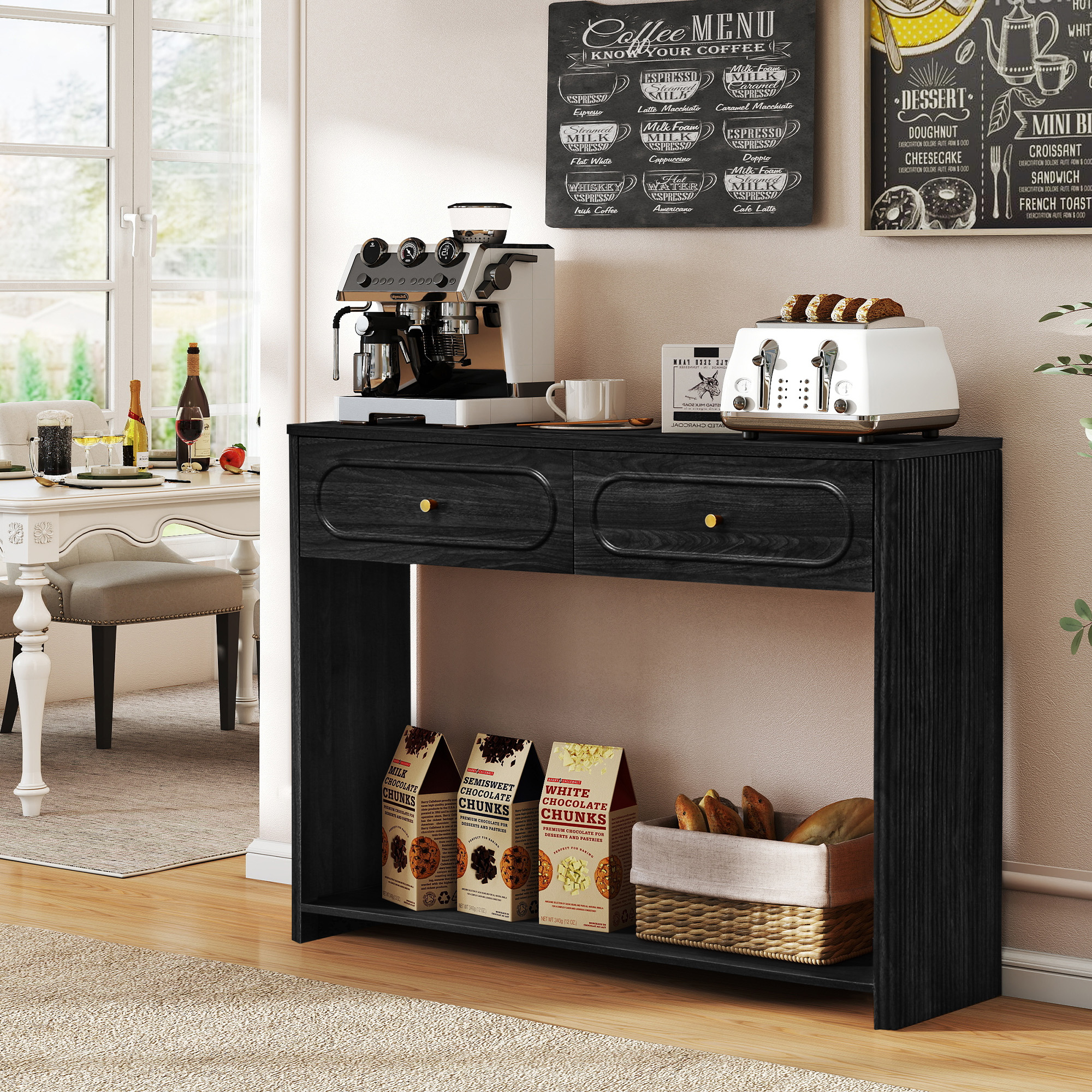 Wirrytor Black Console Table with 2 Drawers for Entryway, Modern Sofa Table for Living Room, Narrow Sofa Table with Open Storage Shelf, Hallway Table and Couch Table Behind Sofa