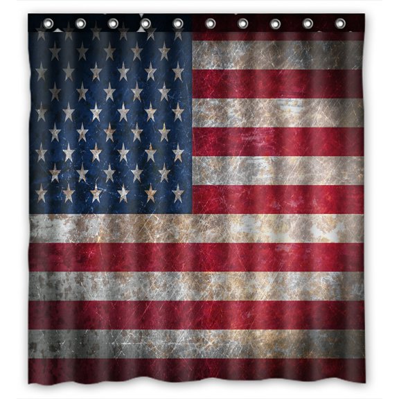PHFZK Vintage Retro Style US Flag Shower Curtain, Stars and Stripes American Flag Bule Red Polyester Fabric Bathroom Shower Curtain 66x72 inches