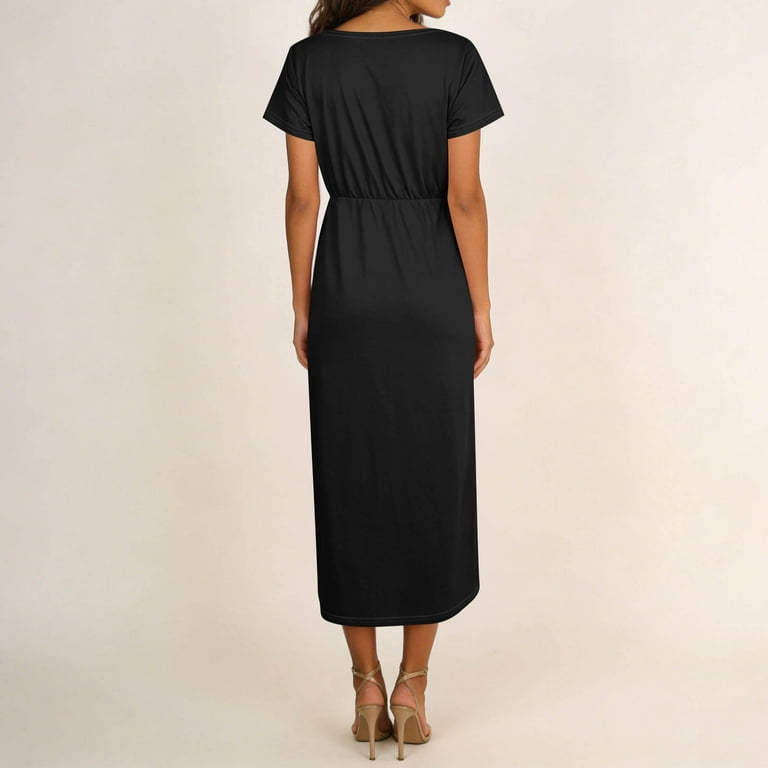 Vekdone Women's V Neck Wrap Dress Twisted Slit Pleated Waist Tie Short Sleeve Dress Summer Elegant Flowy Swing Midi Dresses Vacation Beach Dresses