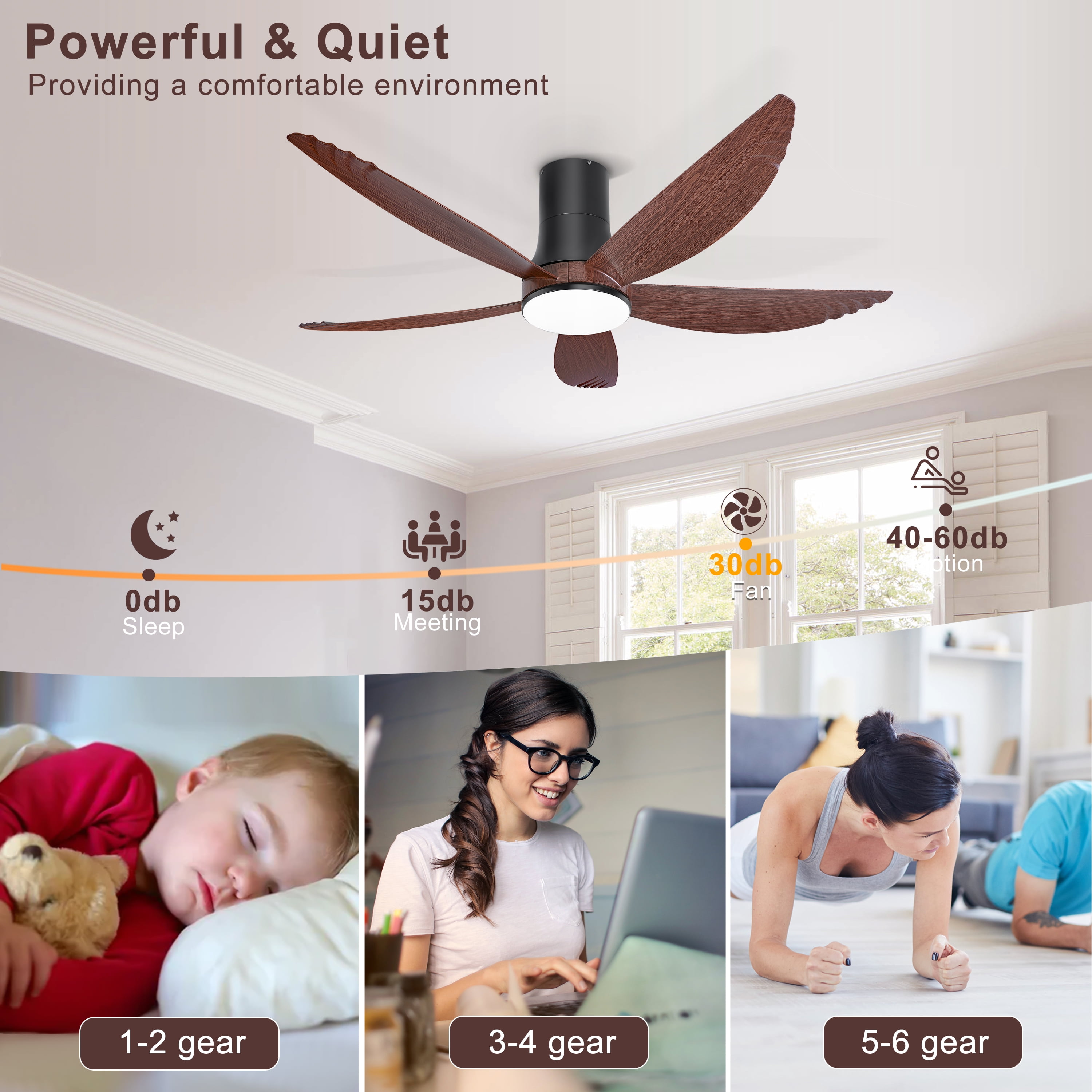 Ohniyou 58 Inch Flush Mount Ceiling Fan with Lights, Low Profile Remote Control,Dimmable, Quiet DC Motor for Bedroom Living Room,Walnut Black