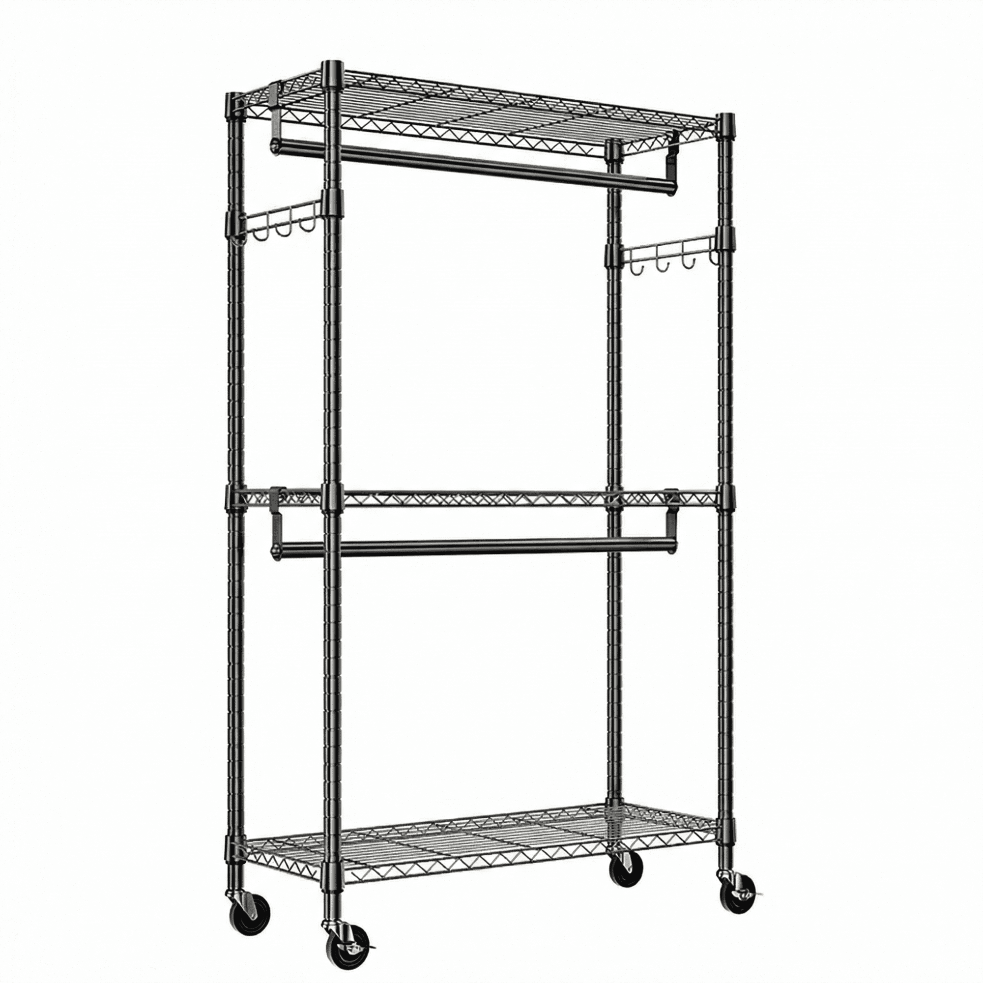 Leumius 3 Tiers Heavy Duty Rolling Garment Rack, Adjustable Wire Shelving Clothes Rack with 2 Rods and Side Hooks,Storage Closet Clothing Rack with Wheels for Laundry Room Bedroom Cloakroom Black