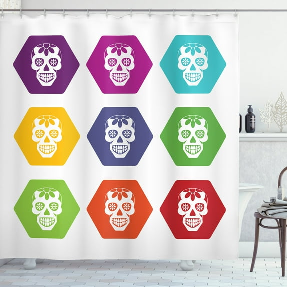 Sugar Skull Shower Curtain, Colorful Hexagon Tiles with Silhouette Sugar Skull Figures Florally Ornamented, Fabric Bathroom Set with Hooks, 69W X 75L Inches Long, Multicolor, by Ambesonne