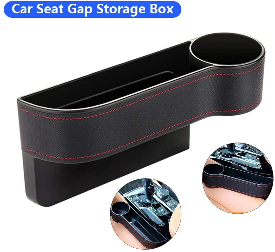 Car Accessories Interior Car Seat Gap Organizer with Cup Holder Coin Bag Black Premium Leather with Red Stitching Car Seat Gap Filler with Cup Holder 2 pack Car Seat Pockets Catch Caddy 