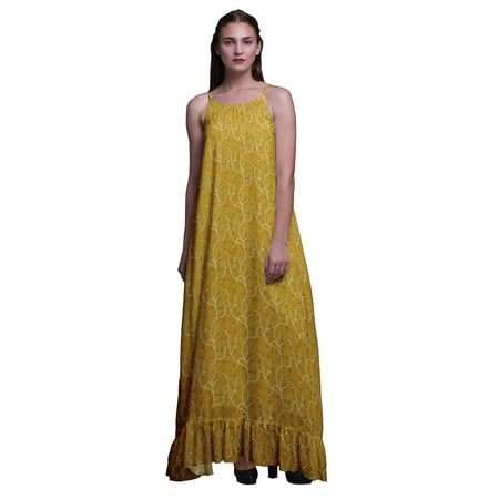 

Bimba Goldenrod Leaves Blueberry Printed Long Maxi Dress For Women Rayon Nightgown Spaghetti Strap Ladies Sleepwear X-Small