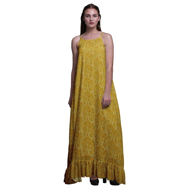 Bimba Goldenrod Leaves Blueberry Robe de Nuit Imprimée pour Femmes Longue Bretelles Spaghetti Maxi Robe de Nuit Petite