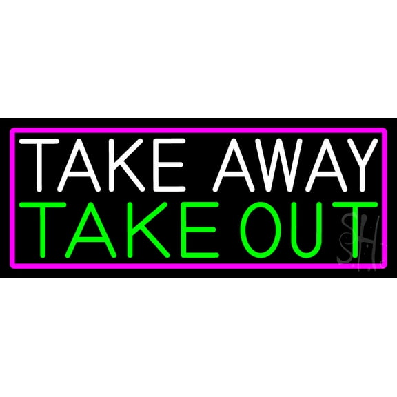 Take Away Take Out With Pink Border LED Neon Sign 10 x 24 - inches, Clear Edge Cut Acrylic Backing, with Dimmer - Bright and Premium built indoor LED Neon Sign for Bar decor.