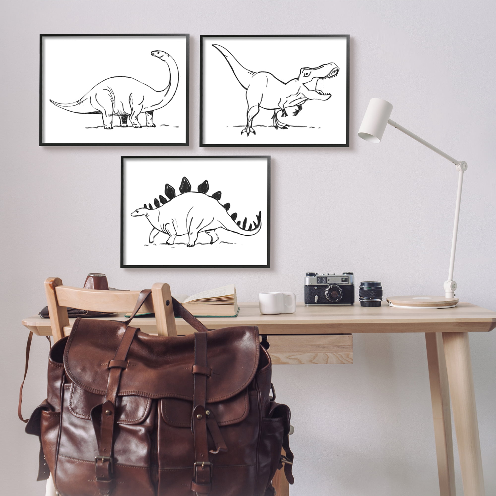 Stupell Industries Dinosaurs Marching Line Drawing Minimal Black White Animals & Insects Painting Black Framed Art Print Wall Art, 16 x 20, Set of 3