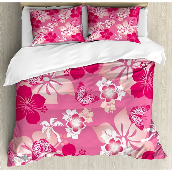 Luau Duvet Cover Set, Abstract Hibiscus Pattern Dreamlike Fantasy Composition with Butterflies, Decorative 3 Piece Bedding Set with 2 Pillow Shams, King Size, Pink Pale Peach White, by Ambesonne