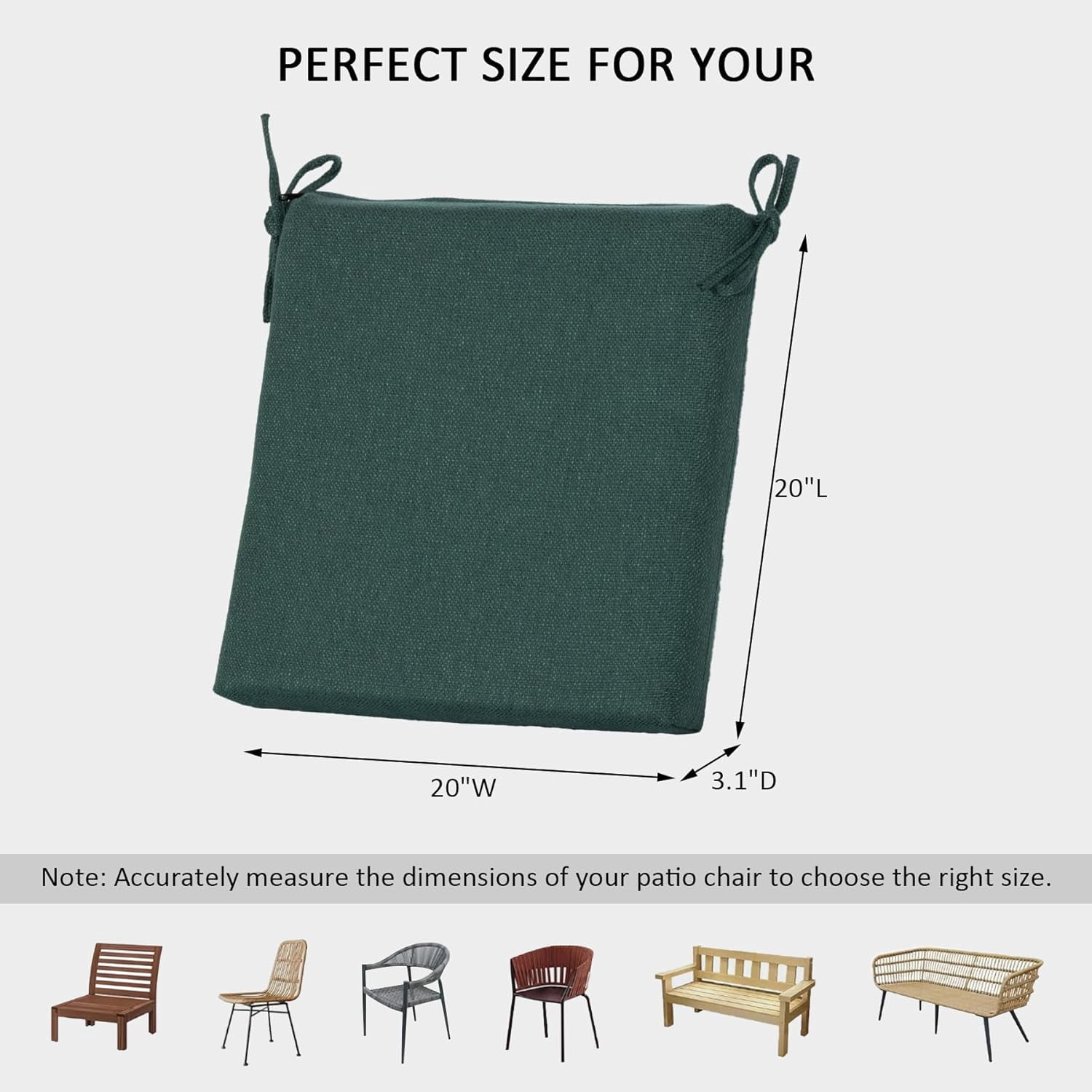 Outdoor Chair Cushions Set of 4,350GSM Fabric,Water-Resistant UV Resistant Weather Resistant with YKK Zippers, Square Corner Patio Chair Cushions with Ties, 20"x20"x3.1",Deep Teal