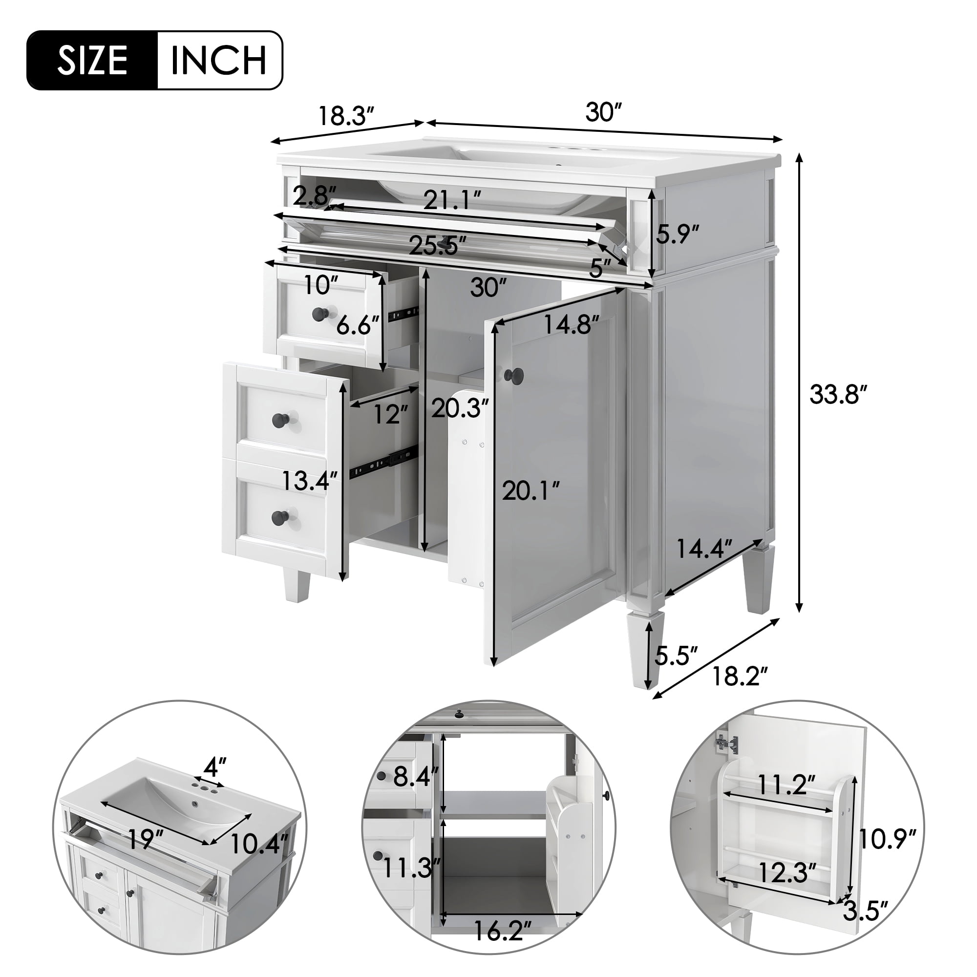 Euroco 30” Bathroom Vanity with Sink, Modern Freestanding Bathroom Cabinet with Tip-Out Drawer, Soft-Close Doors & Shelves, Hidden Storage Organizer