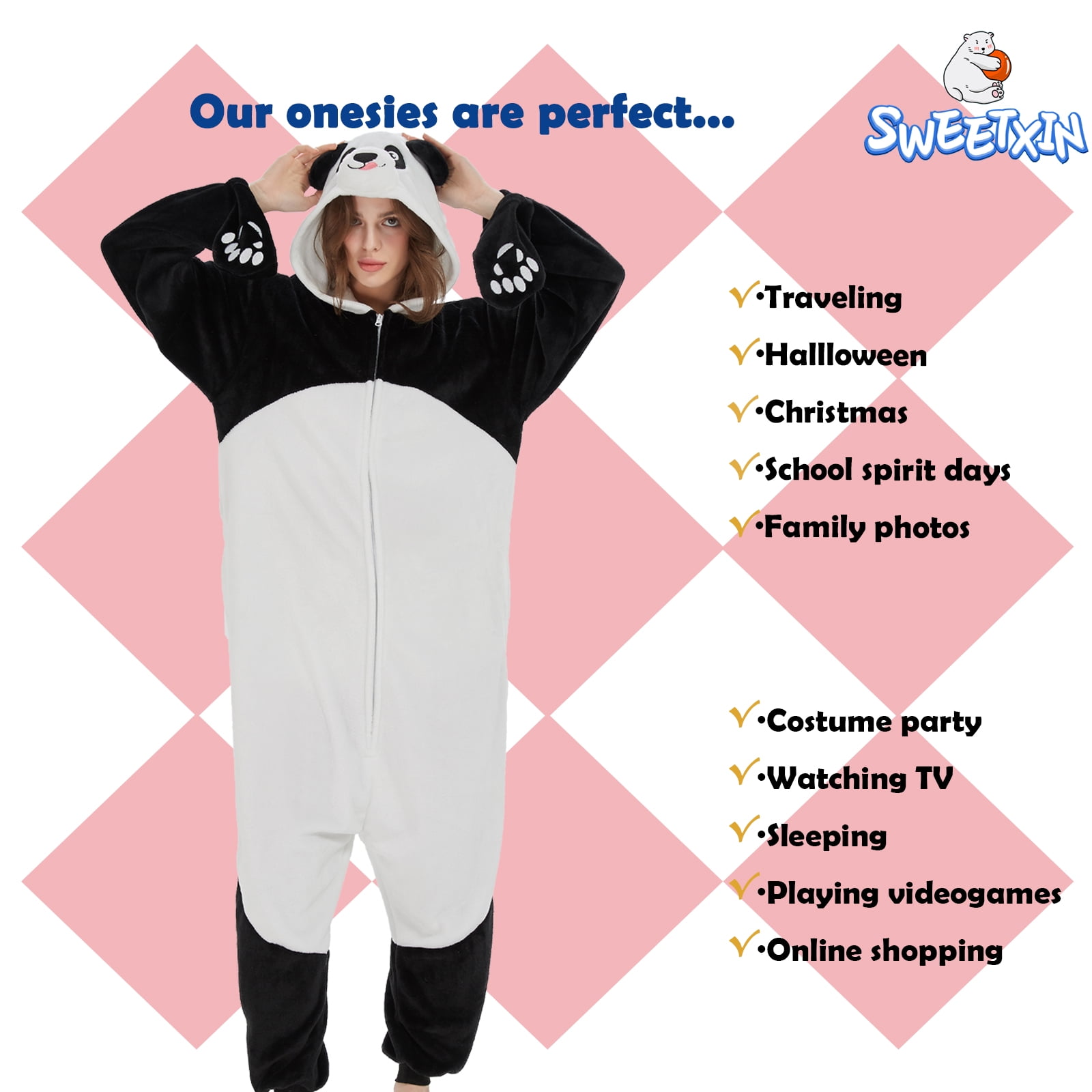 SWEETXIN Adult Panda Unisex Onesie Pajamas Halloween Cosplay Costume Suit for Women and Men Jumpsuit SizeS