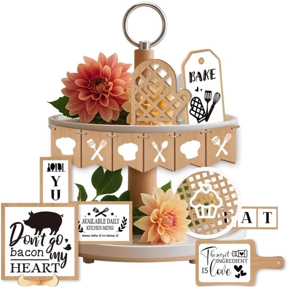 14 Pieces Baking Theme Tiered Tray Decor Cottage Kitchen Wooden Decorations Set EAT Tiles Table Top Decor for Farmhouse Home Tabletop Centerpieces Decorations colorful