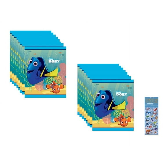 Finding Dory Birthday Party Supplies Bundle Pack includes 16 Party Favor Loot Bags and 1 Dinosaur Sticker Sheet
