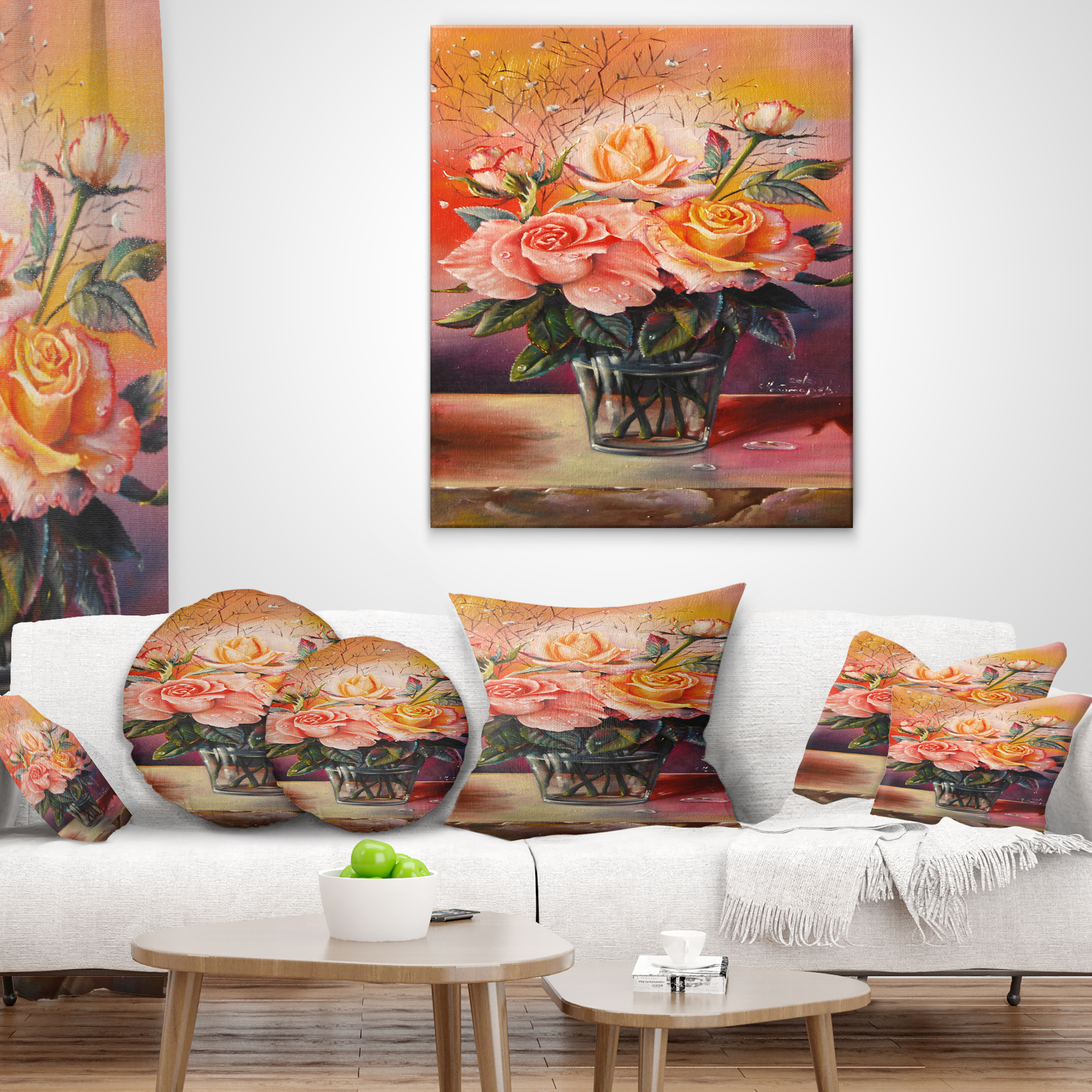 Designart Roses on Marble Table - Floral Throw Pillow - 12x20
