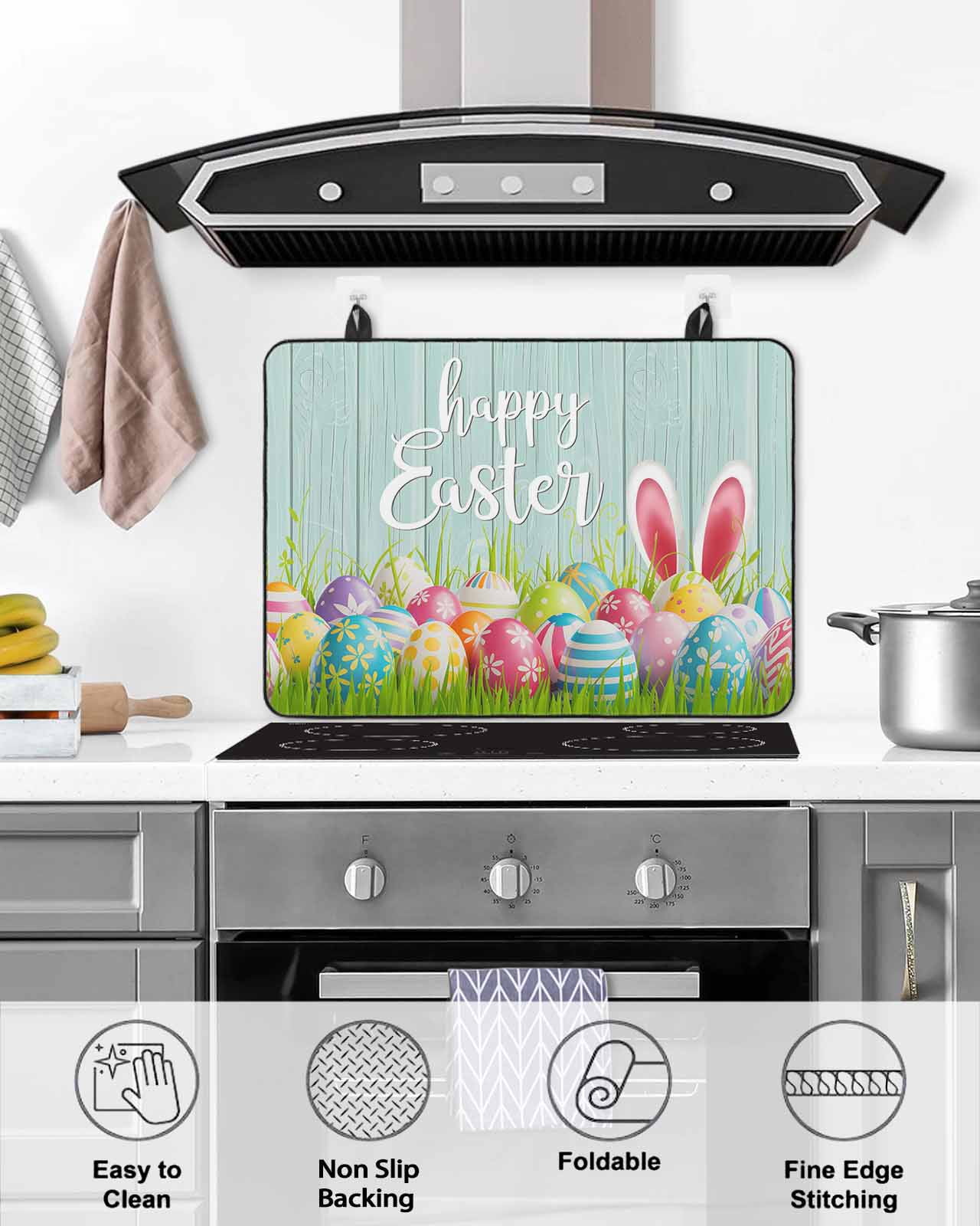 Large Induction Cooktop Protector Mat Easter Stove Top Covers for Electric Stove, Spring Colorful Easter Eggs Bunny Wooden Teal Green Decorative Stove Burner Cover Mats, Glass Top Stove Cover