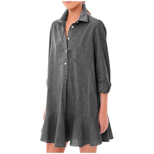 Women's Solid Long Sleeve Shirt Dress - Ruffled Hem, Turn Down Collar, Casual/Office