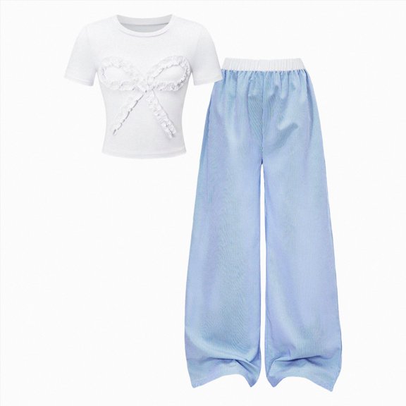 Nwiuh Girls' Clothing Sets Solid Ruched Crew Rib Top and Printed Wide Leg Pants Girls 2 Piece Outfits (Light Blue, 9-10 Years)