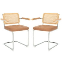 SAFAVIEH Coralia Coastal PU Solid Dining Armchair, Cognac/Natural/Chrome (Set of 2)