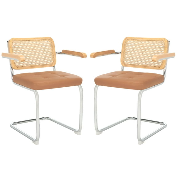 SAFAVIEH Coralia Coastal PU Solid Dining Armchair, Cognac/Natural/Chrome (Set of 2)