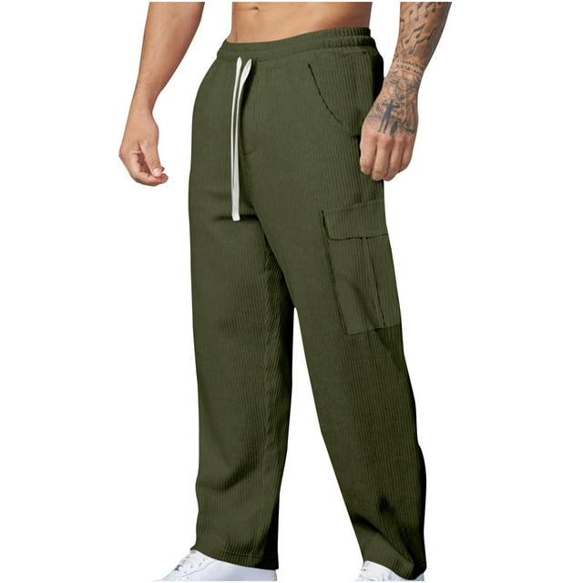Pantalones de trabajo para hombre, de longitud completa, de color liso, con cintura elástica, rectos, con cordón y bolsillo.
