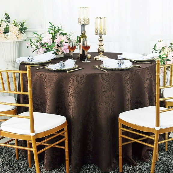Wedding Linens Inc. 132" Seamless Round Jacquard Damask Polyester Tablecloths - Chocolate