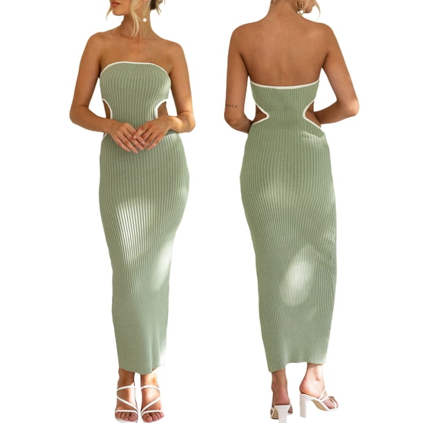 Vestido tubo ajustado para mujer, sin tirantes, con abertura lateral y ribete de color en contraste.