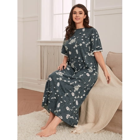 

Casual Women s Plus Floral Print Lace Detail Night Dress Dark Grey 5XL(22) F220102Y