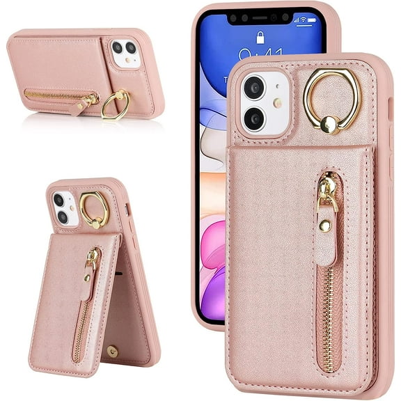 iPhone 11 Case with Card Holder for Women, iPhone 11 Phone Case Wallet with Credit Card with Ring Kickstand Zipper Shockproof Slim Stand Case for iPhone11 - Rose Gold