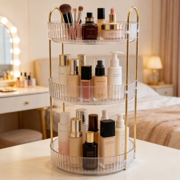 360° Rotating High-Capacity Makeup Organizer, Vanity Bathroom Countertop Spinning Storage Rack, 3-Tier Cosmetic Skincare Perfume Holder