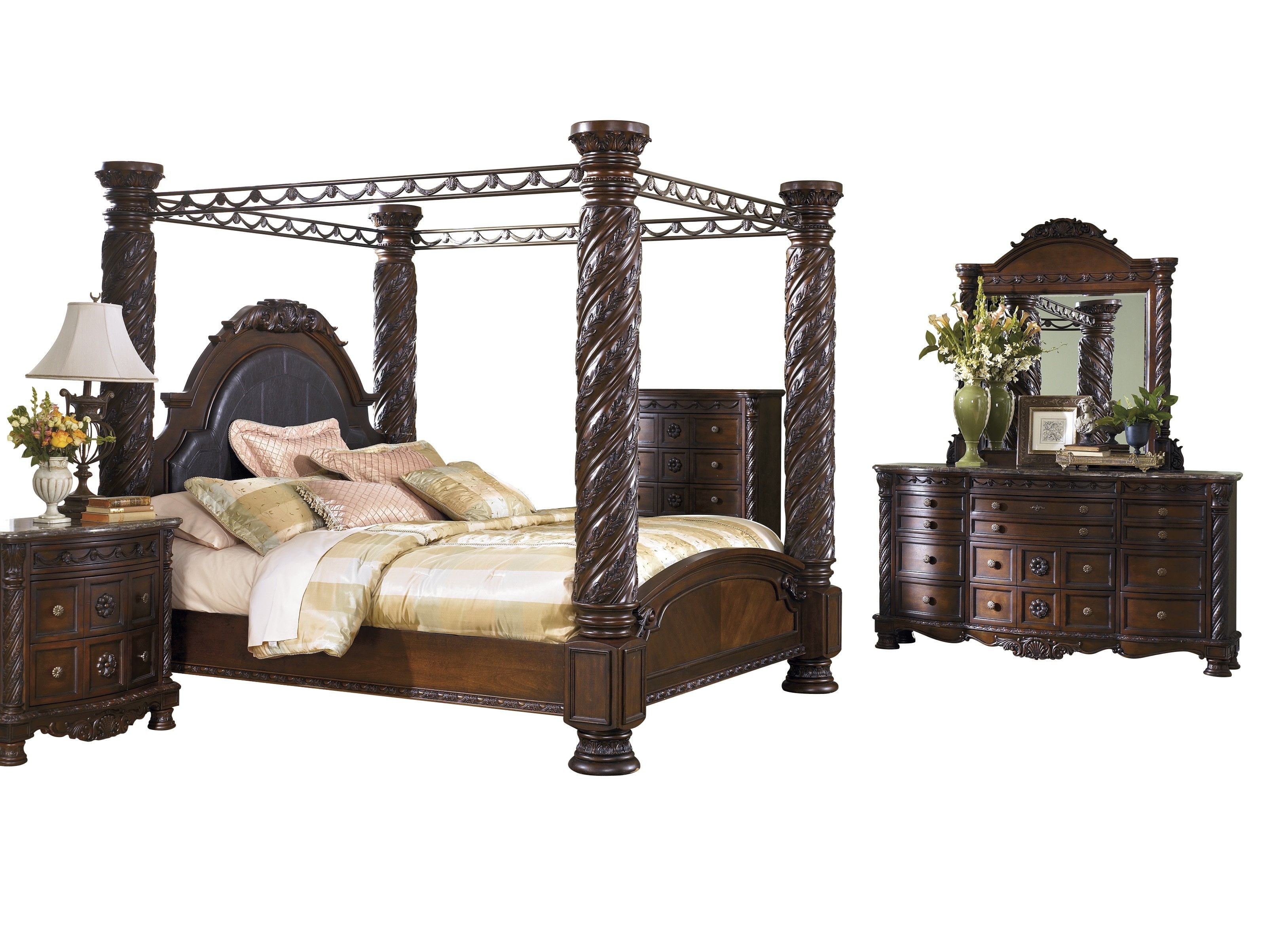 Ashley Furniture North Shore 5 Pc Bedroom Set E King Poster Canopy Bed Dresser Mirror 1 Nightstand Chest Dark Brown Walmart Com
