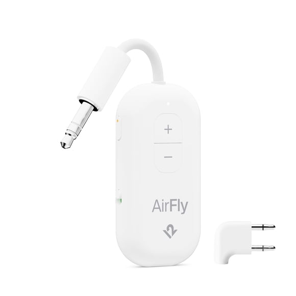 AirFly Pro 2 Deluxe - Adaptador Bluetooth para avión, par de 2 AirPods o auriculares inalámbricos - Transmisor/receptor Bluetooth AUX de 3,5 mm para coches, barcos, cintas de correr, televisores - Ele