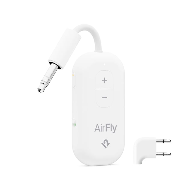 AirFly Pro 2 Deluxe - Adaptador Bluetooth para avión, par de 2 AirPods o auriculares inalámbricos - Transmisor/receptor Bluetooth AUX de 3,5 mm para coches, barcos, cintas de correr, televisores - Ele