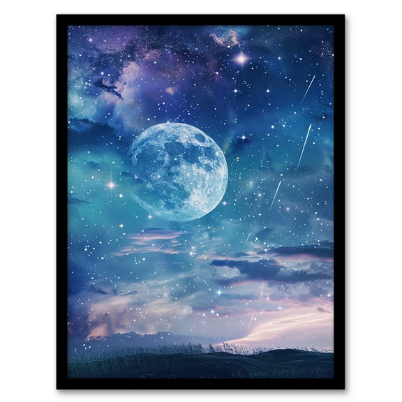 Artery8 Dreamy Full Moon Star Night Sky Surreal Starscape Living Room Art Print Framed Poster Wall Decor 12x16 inch