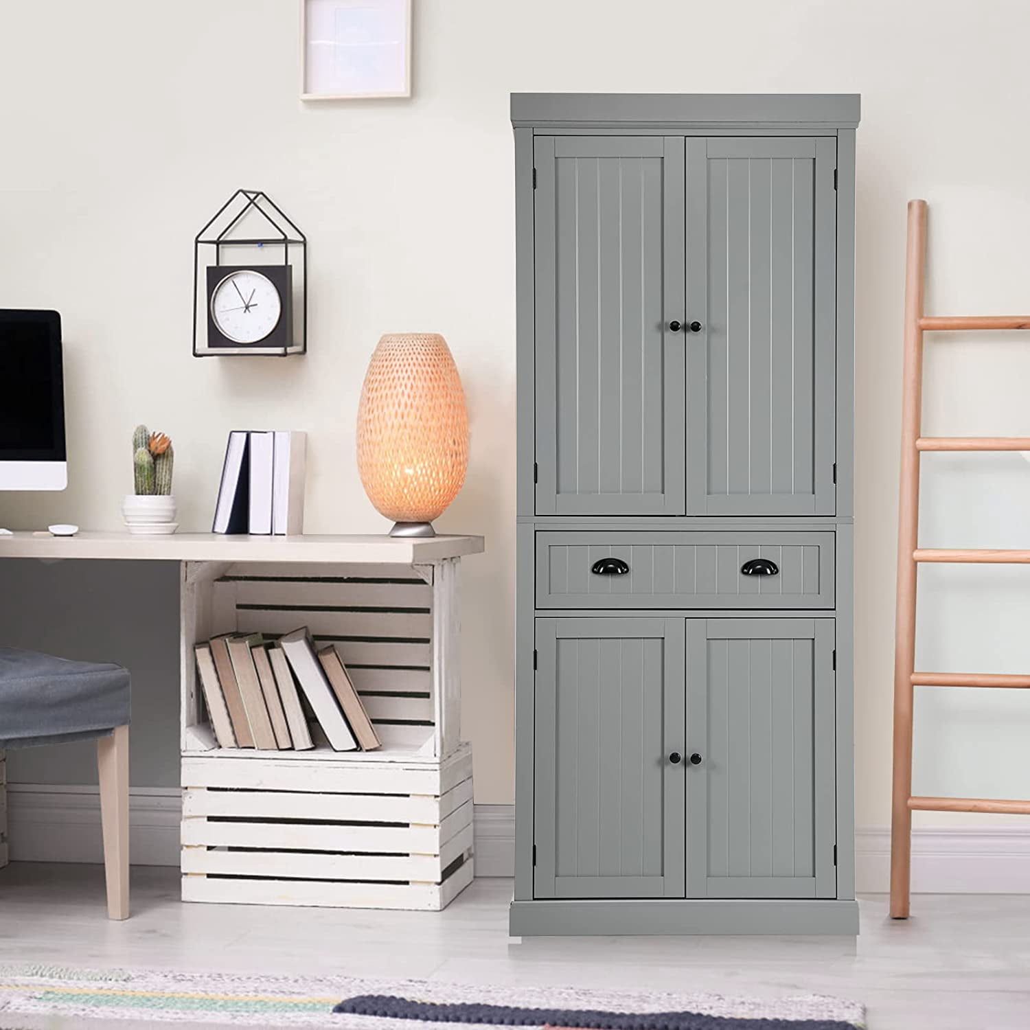 Traditional Kitchen Pantry Cabinet, Kitchen Cupboard with Double-Doors, Large Drawer and Adjustable Shelves for Dining Room, Bathroom