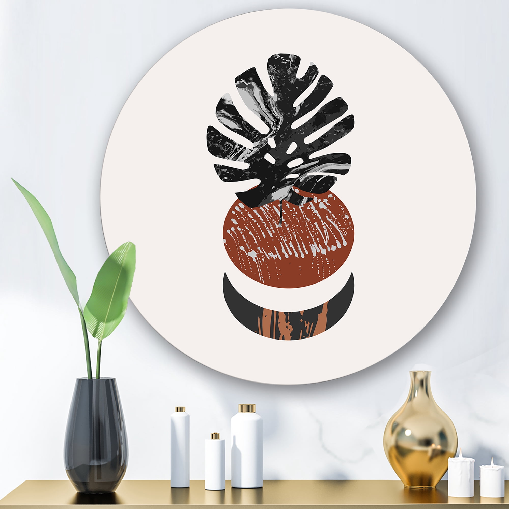Designart 'Abstact Tropical Palm Leaf, Minimal Sun And Moon II' Modern Circle Metal Wall Art 23x23 - Disc of 23